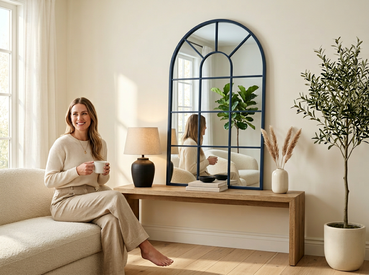 Window pane mirror styled in a bright living room